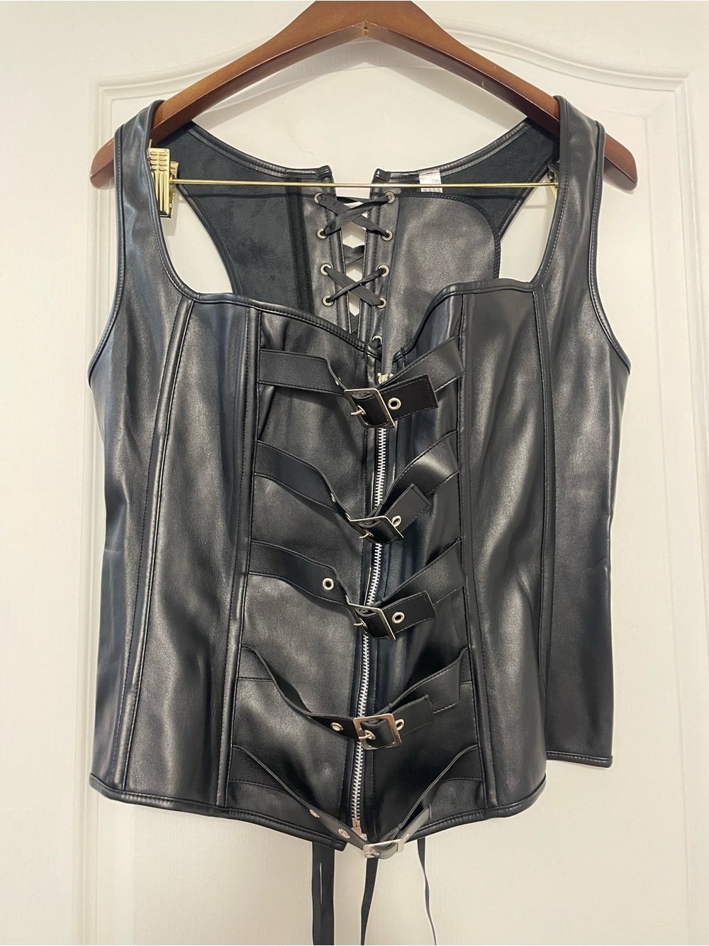 Faux Leather Black Buckle Corset Tank Top, Size XXL